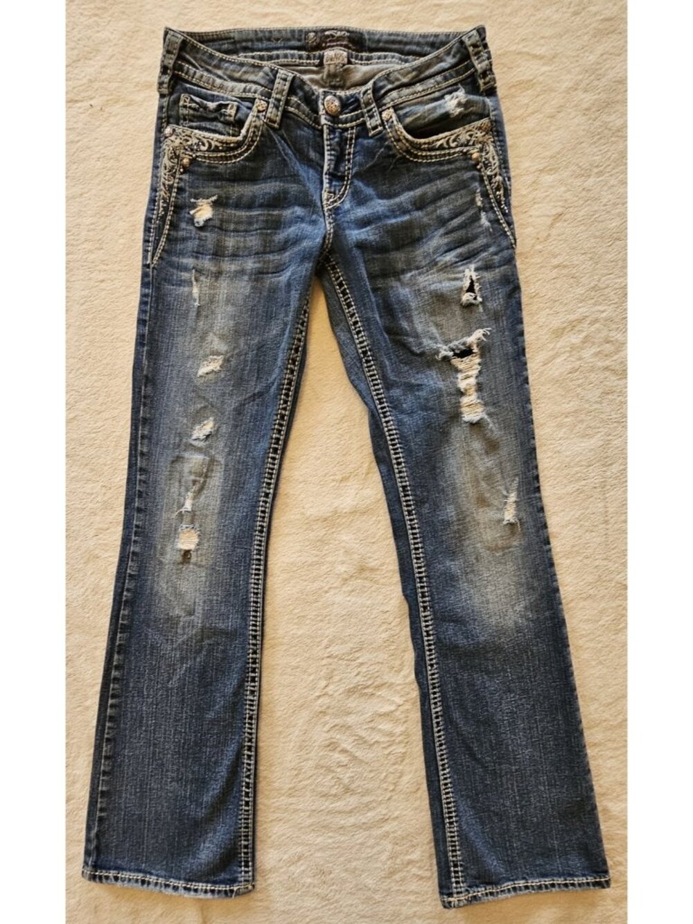 Silver Jeans Co. Tuesday Low Boot Jeans Womens Size 28 ( 30W ) Blue Distressed